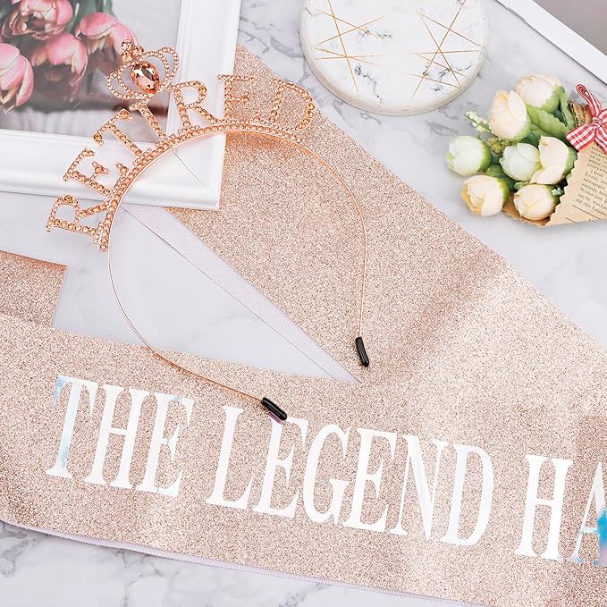 SuPoo Rose Gold Retirement Sash for Women Rhinestone Retired Crown Headband Tiara Retirement Gifts The Legend Has Retired Sash Crown Elegant Retirement Party Decorations Retired Decor