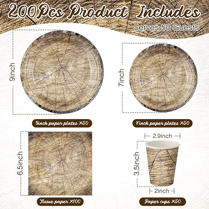 250 Pieces Rustic Wood Grain Party Tableware Set - Disposable Paper Plates, Cups & Napkins for 50 Guests - Lumberjack, Farmhouse, Camping, Forest Theme Birthday Decorations(Grey)