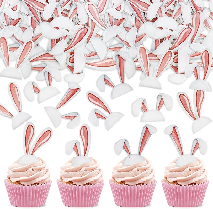 Ercadio 40Pcs Edible Easter Bunny Ear Cupcake Toppers Edible Rabbit Ears Cupcake Picks Drink Toppers for Easter Rabbit Theme Baby Shower Kids Boys Girls Birthday Party Cupcake Decorations Supplies
