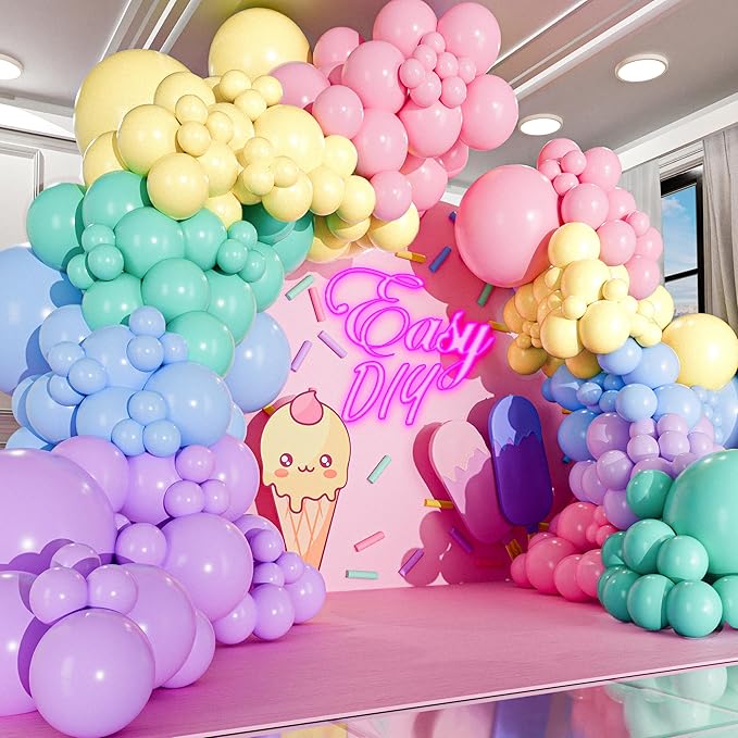 100 Pastel Balloons for Parties – 10 Inch Latex for Easter Party Decorations or Rainbow Supplies - Blue, Purple, Yellow, Green and Pink Balloons for Ice Cream, Donut, Sprinkle, Birthday