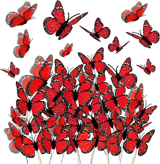Waydress 24 Pieces Halloween Monarch Butterfly Decorations 3 Size Artificial Monarch Butterflies Wall Decor 3D Butterfly Wing Wall Art with Wire for Fall Wedding Home Bedroom Decorations(Red)