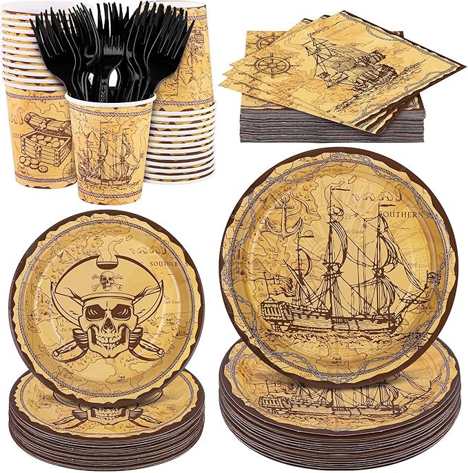 durony 144 Pieces Pirate Tableware Set Party Plates Cups Napkins Pirate Party Supplies Treasure Map Theme Favors for Treasure Theme Birthday Parties Decorations, Serve 24 Guests