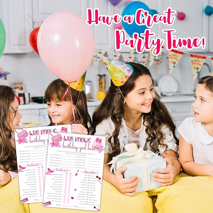 6"X8" Who Knows The Birthday Girl Best - Watercolor Girl's Accessories - Funny Double-Sided 3-in-1 Game Card Set For Girls Birthday Party, Sleepover Party Activities, Favor & Supplies (20 Pcs)- A07
