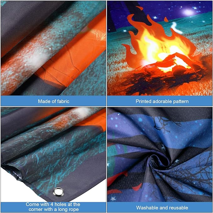 Forest Scene Camping Backdrop Photography Background Campfire Photo Backdrop and 2 Sets 3D Decorative Cardboard Campfire Centerpiece Artificial Fire Party Decoration for Camping Theme Party