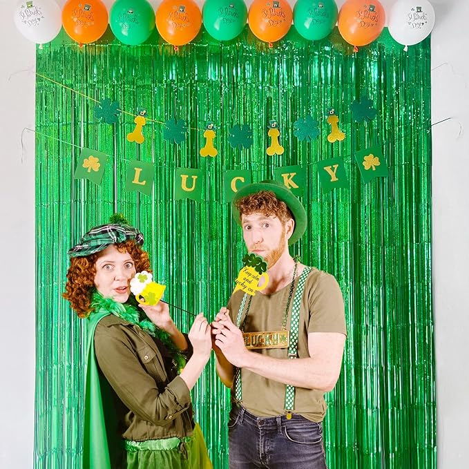 Green Tinsel Curtain Backdrop for St Patricks Day Decorations – Melsan 2 Pack 3.2 ft x 8 ft Metallic Foil Fringe Curtains for Irish Party, Jungle Birthday, Photo Booth Backdrop