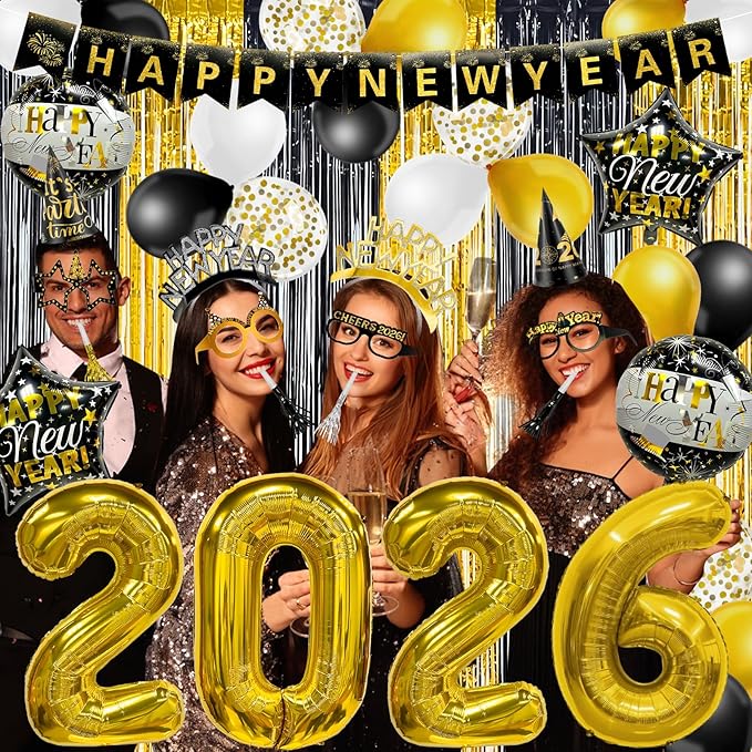 81 Pcs New Years Eve Party Supplies Happy New Year Decorations Kit Serves 12 Includes 36" Large 2026 Foil Ballons, Black Gold Curtains Banner Hats Headbands Glasses Noisemaker Balloons Party Favor