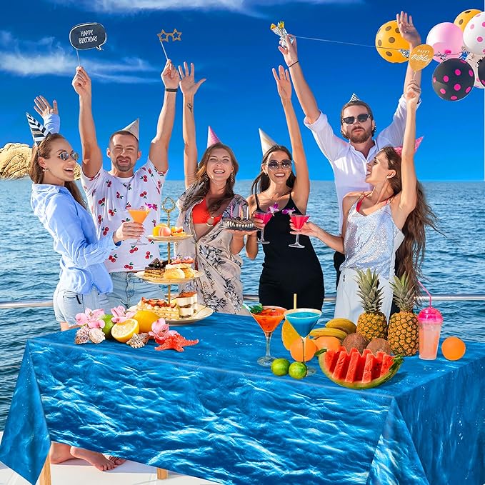 OHOME 2 Pack Beach Party Decorations - Ocean Waves Plastic Tablecloth for Pool Party Decorations - Sea Water Print Table Cover for Summer Birthday Beach Theme Blue Backdrop Banner