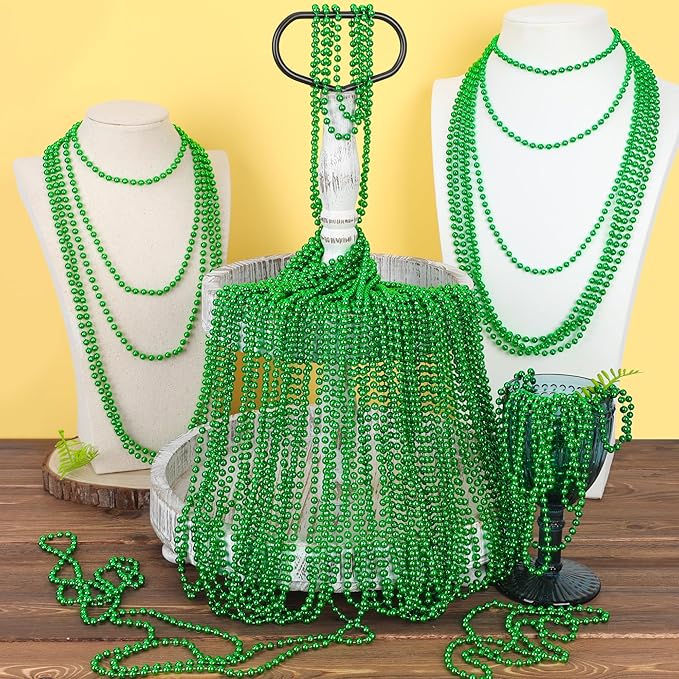 50PCS St Patricks Day Necklace, St. Patrick's Day Green Bead Necklace Accessories, Metallic Irish Saint Patrick Mardi Gras Necklaces Bulk, Parade Accessories for Mardi Gras St. Patricks Party