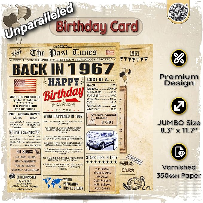 59th Birthday Card for Women Men - Back In 1967 Newspaper - 59 th Happy BIRTHDAY card - 59 birthday gift for Her Him - JUMBO size - 59th birthday decorations Dad Mom - Best gifts for 59 year old
