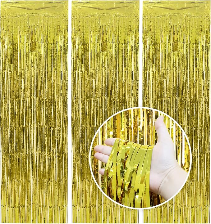 Homiest 3 Pack Gold Tinsel Backdrop, 3.3x6.6 FT Metallic Tinsel Foil Fringe Curtains Party Decorations, Birthday Door Streamers for Baby Shower Wedding, Photo Booth Props Background Wall Decor