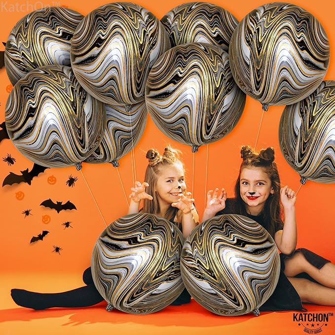 KatchOn, Black and Gold Marble Balloons - Big 22 Inch, Pack of 12 | 4D Marble Black and Gold Balloons for Birthday Party Decorations | Agate Balloons for Retirement, Dance Party Decorations