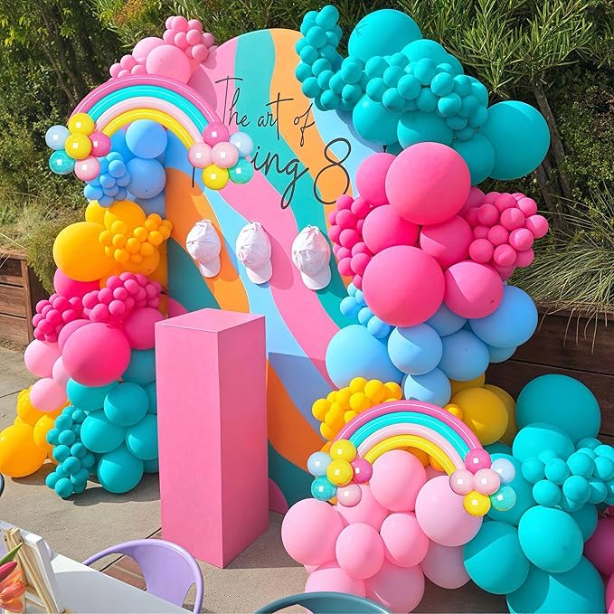 155 Pcs Summer Rainbow Balloons Arch Kit, Hot Pink Teal Blue and Yellow Neon Balloon Garland Kit Pool Birthday Decor, Pastel Pink Blue Colorful Long Balloon as Rainbow Tropical Luau Party Decorations