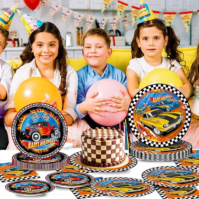 168pcs Racing Car Birthday Party Decorations Race Car Plates Napkins Disposable Parper Cups Blue Forks Tableware Set Party Supplies for Kids Boys Birthday Decor 24 Guests