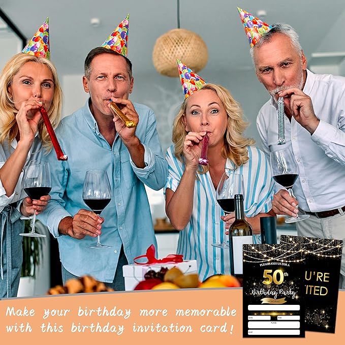 50th Birthday Invitations with Envelopes - Black Gold Glitter Fill-in Invites Cards - Surprise Birthday Party Invitation Card for Him/Her - Adults Birthday Party Favors Supplies Decorations (20 Pack)