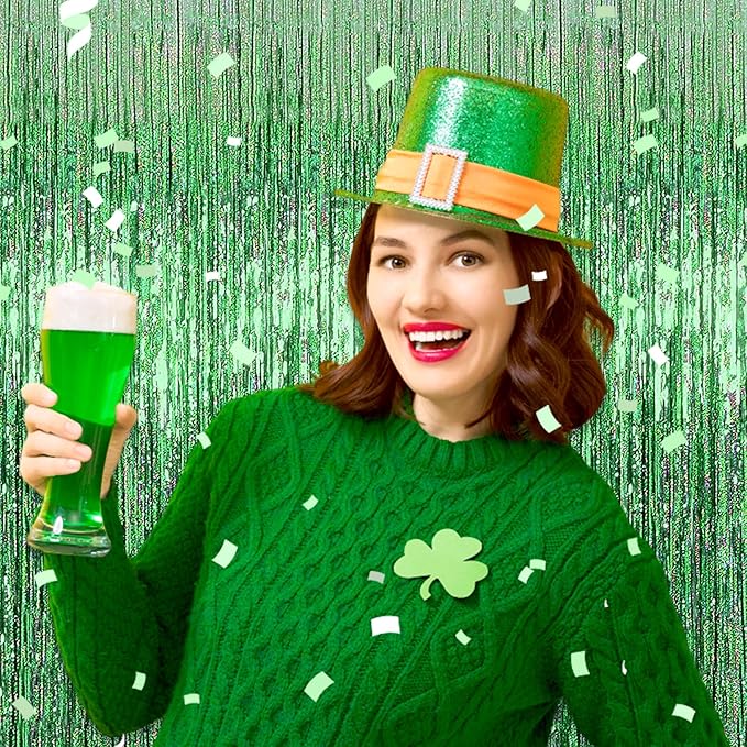 3 Pack Light Green Foil Fringe Curtain Backdrop, 3.28Ft x 8.2Ft Metallic Tinsel Foil Fringe Streamer Curtains for Photo Booth, Mother's Day, Easter, Birthday, Wedding Party Decorations