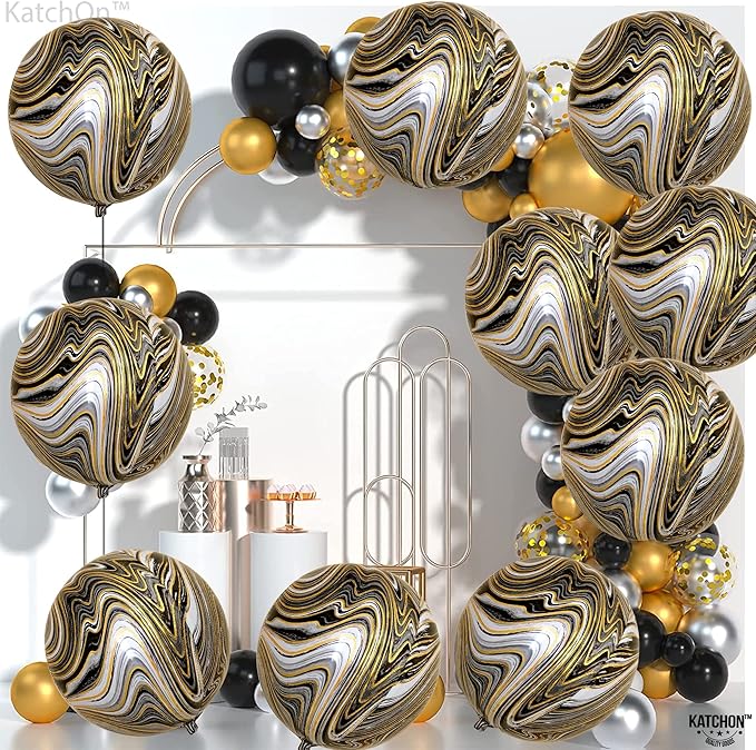 KatchOn, Black and Gold Marble Balloons - Big 22 Inch, Pack of 12 | 4D Marble Black and Gold Balloons for Birthday Party Decorations | Agate Balloons for Retirement, Dance Party Decorations