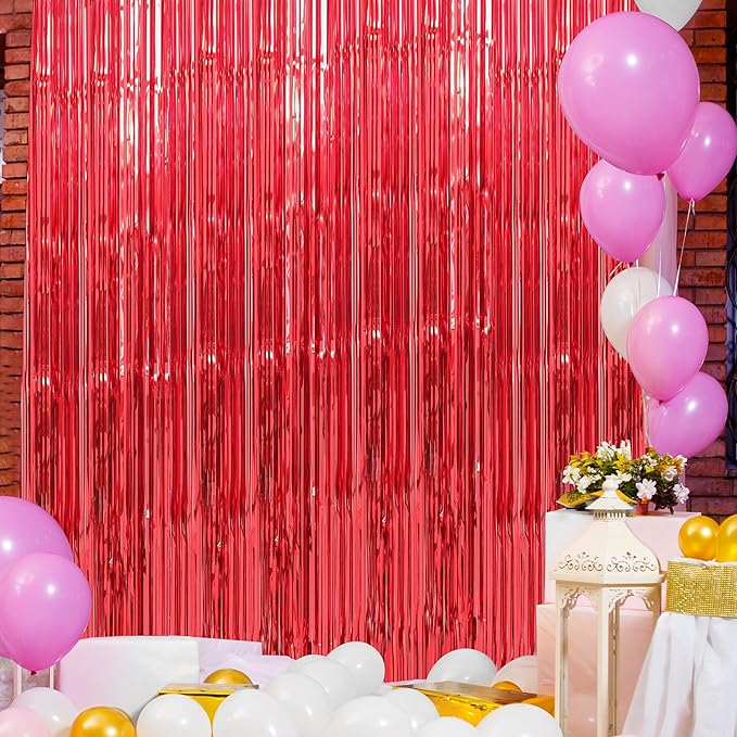 Crosize 2 Pack 3.3 x 9.9 ft Red Foil Fringe Curtains Party Decorations, Red Tinsel Curtain Backdrop for Valentine‘s Day Parties, Door Streamers, Glitter Streamer Fringe Backdrop for Birthday