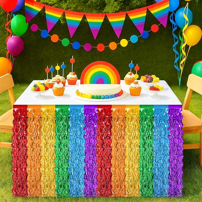 Rainbow Table Skirt, 2 Pack Desk Skirts Party Decorations, Colorful Metallic Wavy Tinsel Foil Fringe Table Skirts, Rainbow Foil Table Skirt for Birthday Classroom Teacher Pride Month Decor