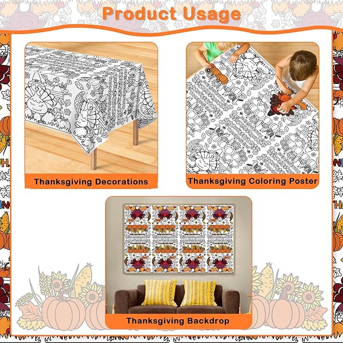 OHOME Thanksgiving Coloring Tablecloth - Thanksgiving Decorations Table Decor - Friendsgiving Banner for Door Wall | Crafts Games for Kids,54" x 88"