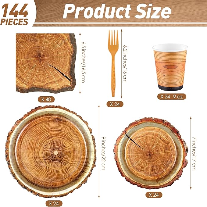 Kochorie 144 Pieces Rustic Wood Party Supplies, Wood Grain Slice Tableware Sets Including Disposable Paper Plates Napkins Cups Forks Serves 24 for Camping Birthday Forest Themed Party Decorations