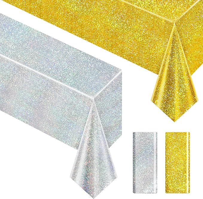 Sparkling Holographic Laser Tablecloth - Shimmering, Waterproof, Easy to Clean - Ideal for Bachelorette, Mermaid, Birthday, Wedding, and Anniversary Party Decorations (Gold & Silver, 2)