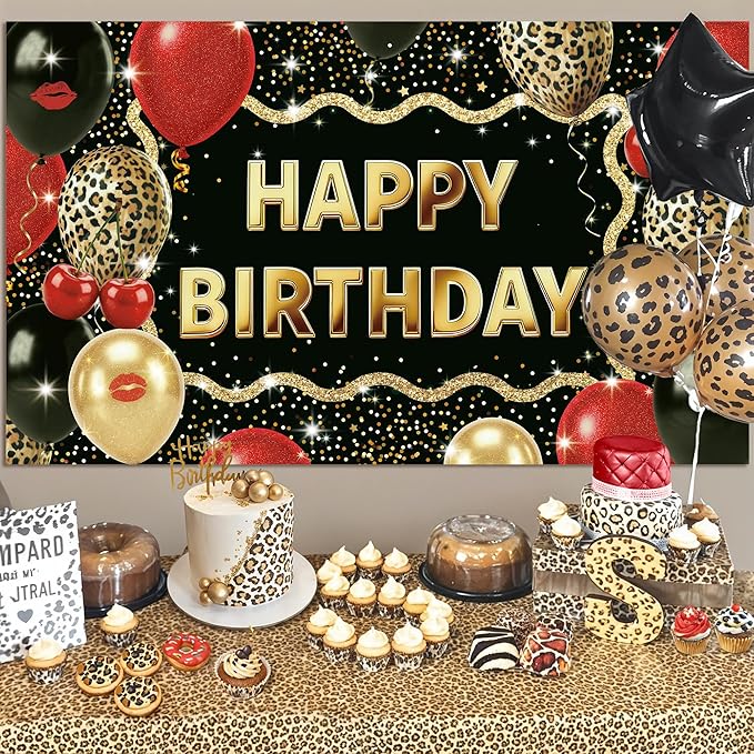Leopard Happy Birthday Backdrop 5 x 3 Ft Cheetah Print Birthday Decorations Backdrop Banner with Cheetah Balloons Print, Red Leopard Party Decorations for Wall, Photography Background