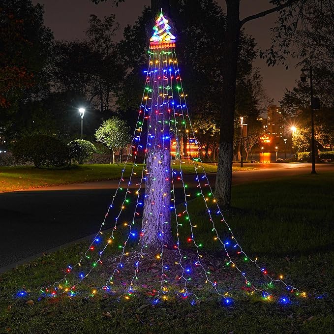 Outdoor Christmas Tree String Lights, 350 LED Christmas Waterfall Lights with 8 Modes, Waterproof, Featuring an 11in Lighted Christmas Tree for Yard Patio Xmas Wedding,Party,New Year (Multi-Color)