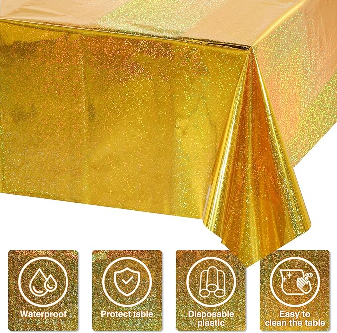 4 Pack Iridescence Plastic Tablecloths Shiny Disposable Laser Rectangle Table Covers Holographic Foil Tablecloth Iridescent Party Decoration Birthday Bridal Wedding Christmas 54" x 108" (Gold)