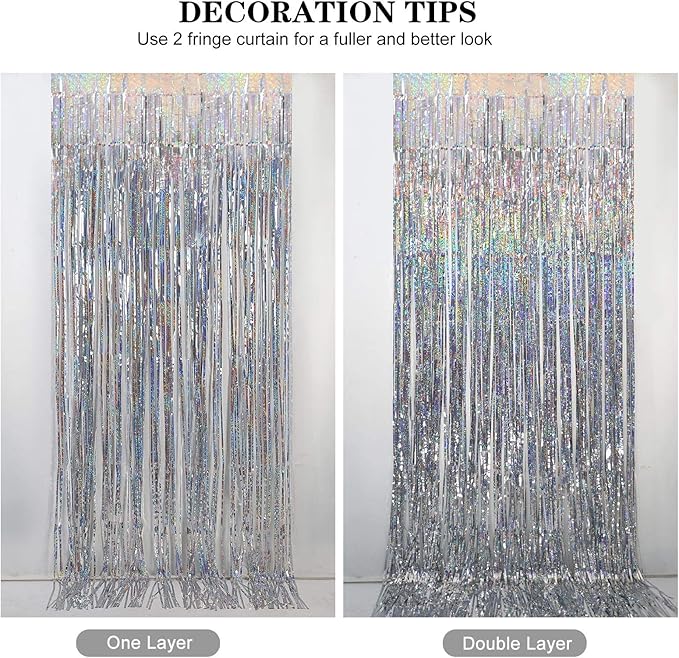 Foil Fringe Curtains - 2 Packs 3ftx8ft Sparkle Metallic Curtains Party Decorations Photo Booth Decorations Party Supplier - Sliver