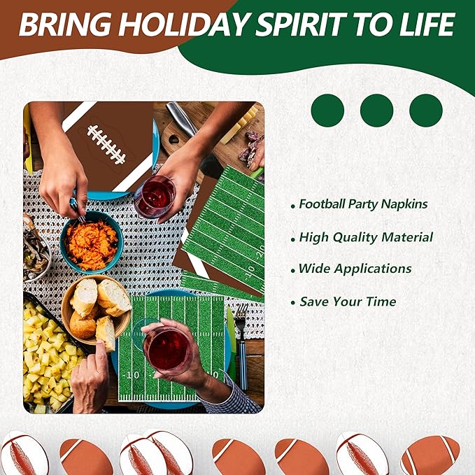 50 Count Football Party Paper Napkins – 25 Football Design and 25 Field Design, Disposable Beverage Cocktail Napkins for Game Day, Sports Birthday, Tailgate, and Team Celebration Decorations