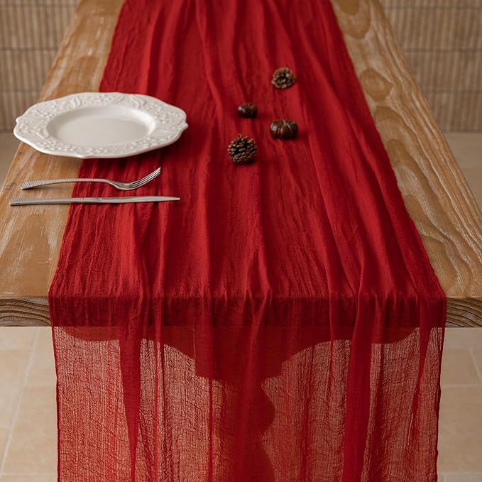 Keketoarrange Red Cheesecloth Table Runner Cheese Cloth Rustic Gauze Table Runner 120 Inch 10 FT for Wedding Baby Bridal Shower Sheer Boho Holiday Spring Home Decorations