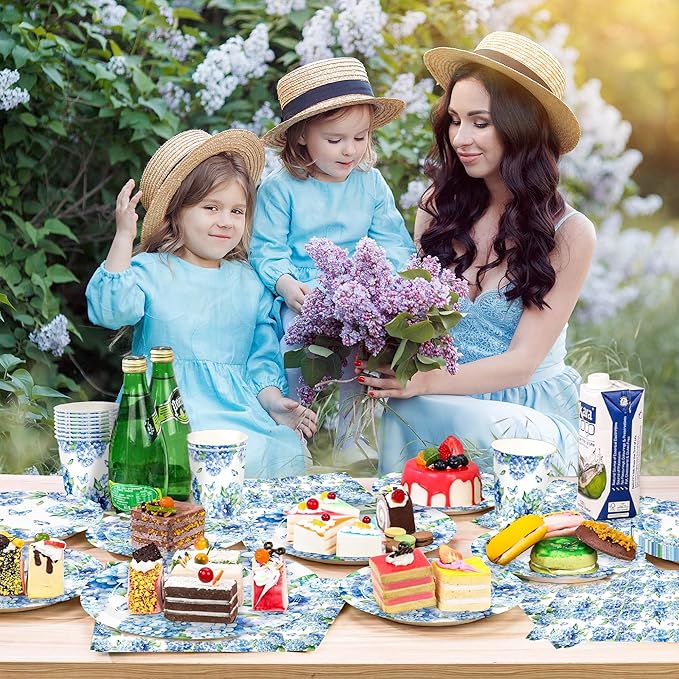 100pcs Hydrangea Party Supplies Paper Plates Napkins Cups Hydrangea Floral Tableware Set for Summer Wedding Birthday Tea Party Supplies Serve 25 Guests