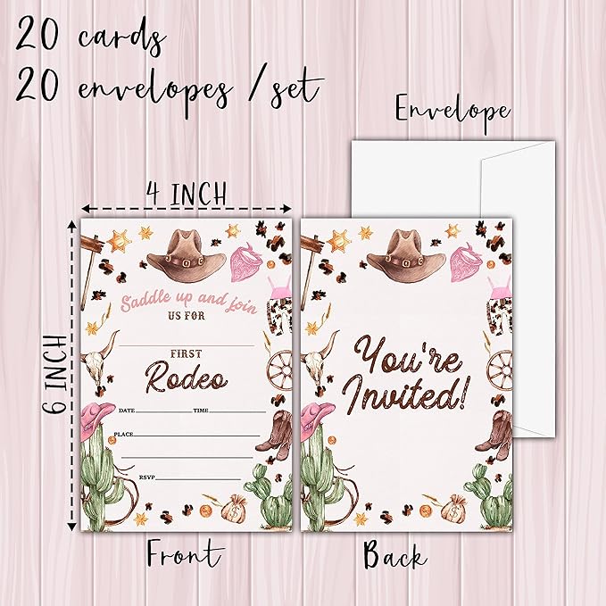 1st Country Western Birthday Invitations, Nashville Rodeo Birthday Party Invitation Card for Girls, Cowgirl Birthday Party Favors & Celebration Supplies(20 Set of Invitations with Envelopes)-B04