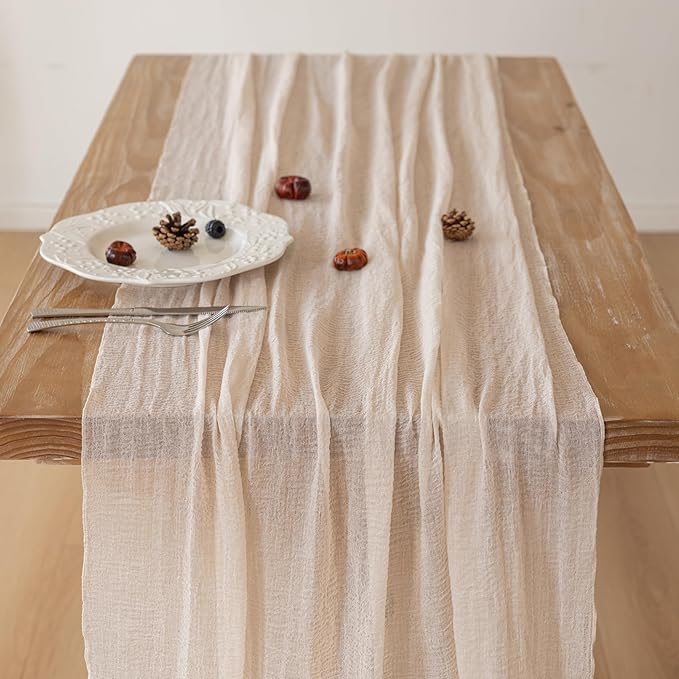 Keketoarrange 6pcs Beige Cheesecloth Table Runner Gauze Rustic 120 Inch 10 FT for Wedding Baby Shower Bridal Shower Birthday Engagement Garden Party Long Sheer Boho Spring Easter Home Decorations