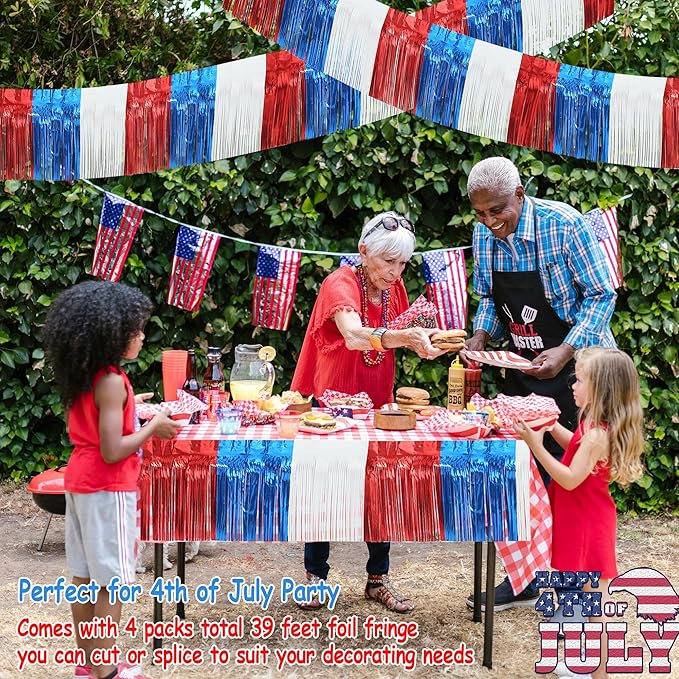 4 Packs Total 39 Feet 4th of July Parade Floats for Trailer Car, Red White Blue Foil Fringe Garland Patriotic Tinsel Streamers Banner Table Skirts for Graduation Homecoming Wedding Birthday Party