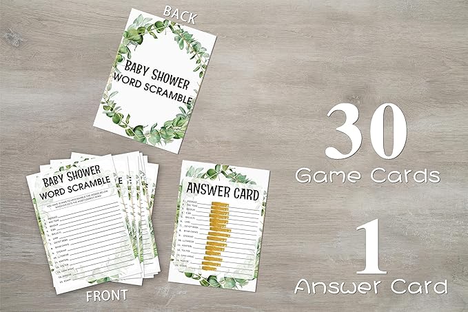 Baby Shower Game Cards, Word Scramble Game, Tropical Jungle Theme Party Games, Set of 30 (Green005)