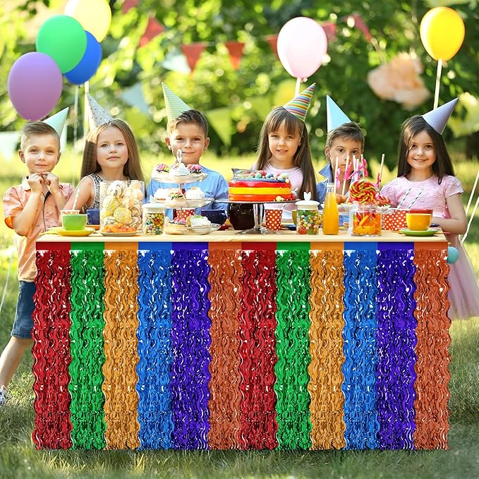 Cinco De Mayo Table Decorations, 2 Pack Fiesta Desk Skirts Supplies, Mexican Theme Metallic Wavy Tinsel Foil Fringe Table Skirts, Rainbow Skirts for Dia De Los Muertos Day Mexico Day of The Dead Decor