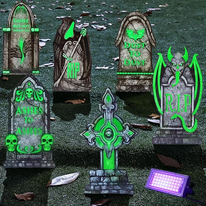 JOYIN 15.7” Halloween Decorations Outdoor Graveyard Tombstones Fluorescent, 7 Pcs Glow in The Dark with Black Light Spotlight Headstone with 12 Metal Stakes, Tombstone for Cemetery Outside Yard Decor