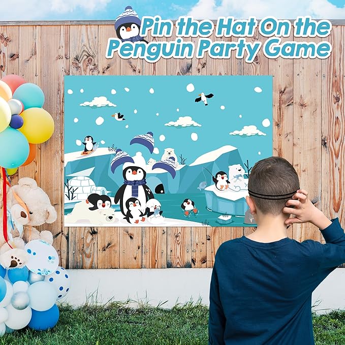 Winter Party Games for Kids Christmas Pin the Hat On the Penguin Large Poster with Stickers Blindfolds Fun Polar Arctic Animals Activities Party Decorations for Xmas Holiday Birthday Family Gatherings