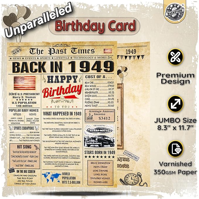 77th Birthday Cards for Men & Women - Back In 1949 Newspaper (Bday Card + Envelope) Large HAPPY BIRTHDAY Decorations for Her Him Vintage Funny card for Wife Husband & Grandparents 77 years