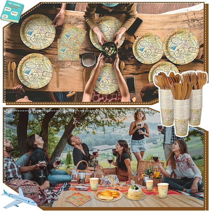 Yungyan 252 Pcs Travel Plates and Napkins Set Around the World Themed Party Supplies Disposable Voyage Travel Paper Napkins Plates Cups Airplane Adventure Retirement Party Decorations Serves 36 Guests