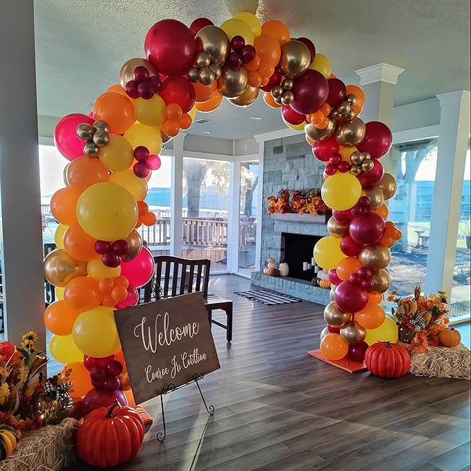 Fall Balloon Arch Kit, Fall Birthday Party Decorations, Orange Burgundy Yellow Gold Confetti Balloons Garland Kit with 6.5 Ft Maple Leaves for Home Thanksgiving Autumn Baby Shower Party Decor Supplies