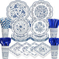 450 Pcs Blue Floral Tableware Set Decorations Blue White Chinoiserie Floral Paper Plates Napkins Cups Cutlery Straws for Vintage Birthday Wedding Bridal Shower Tea Party Supplies, Serves 50