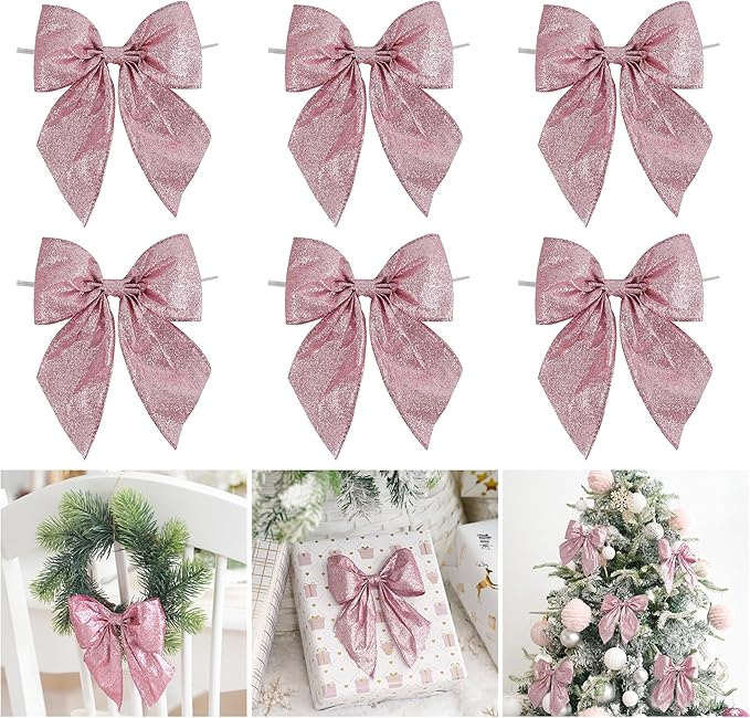 AIMUDI Pink Glitter Wired Ribbon Bows with Twist Tie 5.5" Premade Metallic Christmas Bows for Gift Wrapping, Wreath, Garland, Holiday Crafts Party Home Outdoor Christmas Tree Decorations, 12 PCs