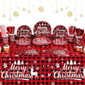 194 Pcs Christmas Buffalo Plaid Party Supplies Red Black Buffalo Plaid Plates Set Christmas Disposable Tableware and Tablecloth Party Set for Xmas Holiday Party Home Dinner Supply, Serves 24