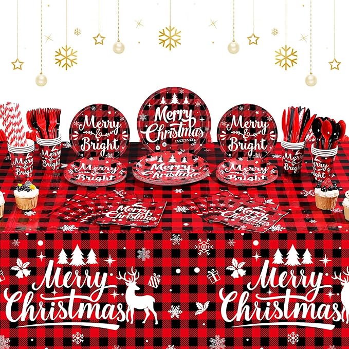 194 Pcs Christmas Buffalo Plaid Party Supplies Red Black Buffalo Plaid Plates Set Christmas Disposable Tableware and Tablecloth Party Set for Xmas Holiday Party Home Dinner Supply, Serves 24