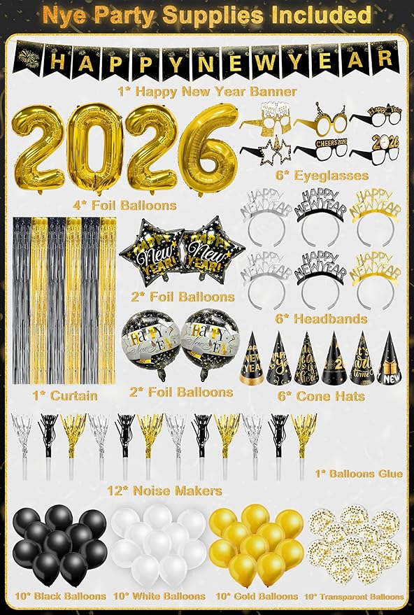 81 Pcs New Years Eve Party Supplies Happy New Year Decorations Kit Serves 12 Includes 36" Large 2026 Foil Ballons, Black Gold Curtains Banner Hats Headbands Glasses Noisemaker Balloons Party Favor