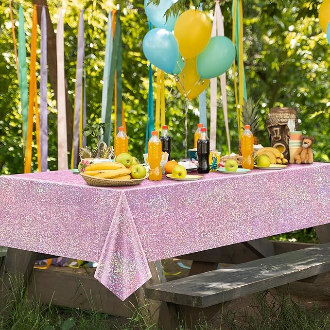 8 pcs Pale Pink Holographic Laser Tablecloths Light Pink Shiny Table Covers 40" x 108" Disposable Rectangle Table cloths for Girl Birthday Party Wedding Anniversary Bachelorette Baby Shower Décor