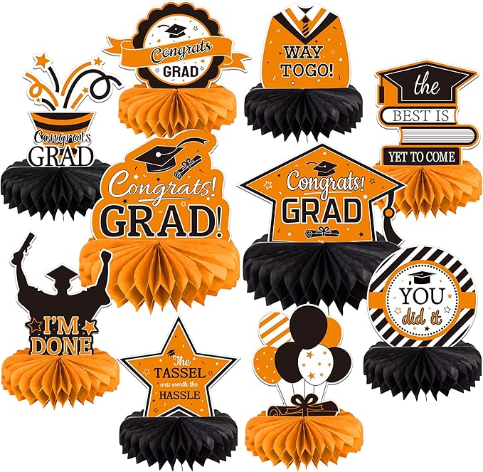 10PCS Graduation Decorations Class of 2025 Centerpieces, Congrats Grad Honeycomb Table Toppers for Graduation Party Favors, 2026 Graduation Party Decorations (10PCS, Orange & Black)
