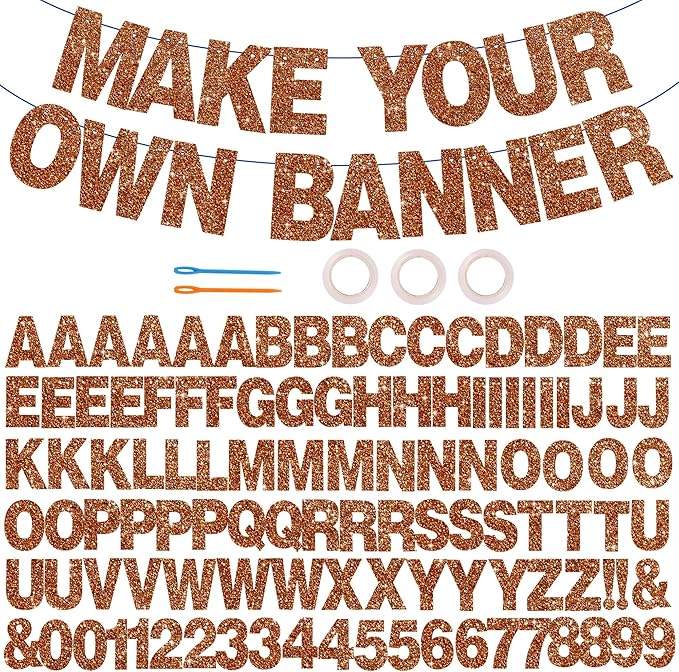 BEISHIDA 116 PCS A-Z DIY Letter Banner Kit Make Your Own Banner Glitter Brown Including 111 Letters and Numbers 3 Rope and 2 Threading Device,Customized for Birthday Graduation Wedding Party Decor